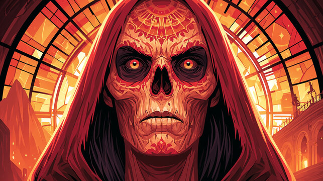Intense skull face with glowing eyes wearing a red hooded robe against a gothic