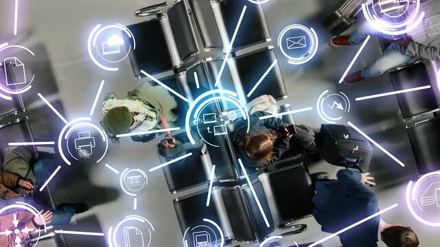 Men and women in busy airport terminal holding plane ticket boarding passes, digital ecosystem VFX compositing. Multiracial passengers waiting for aircraft arrival, data network HUD overlay