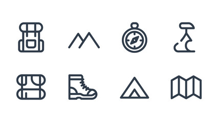 Collection of outdoor adventure and camping icons including a backpack mountains compass hiking boot tent map and sleeping bag © Asma 