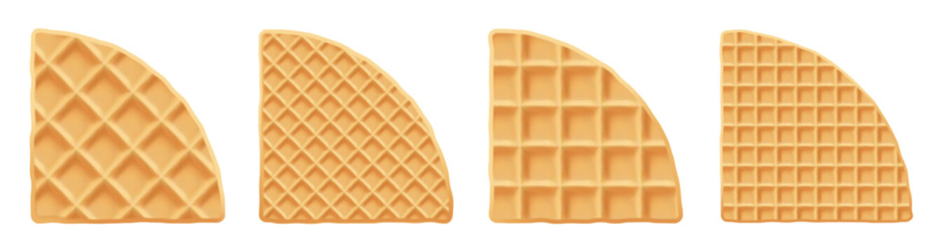 Vector round texture of biscuit pattern, white belgium chocolate. Waffle sector with cream, belgian wafer illustration, cartoon cake. Realistic cookie of isolated circle shape, bite syrup pancake
