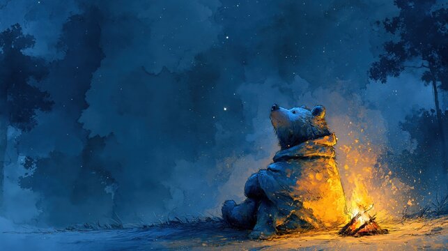 夜空を見るクマのキャラ