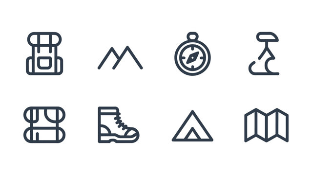 Collection of outdoor adventure and camping icons including a backpack mountains compass hiking boot tent map and sleeping bag