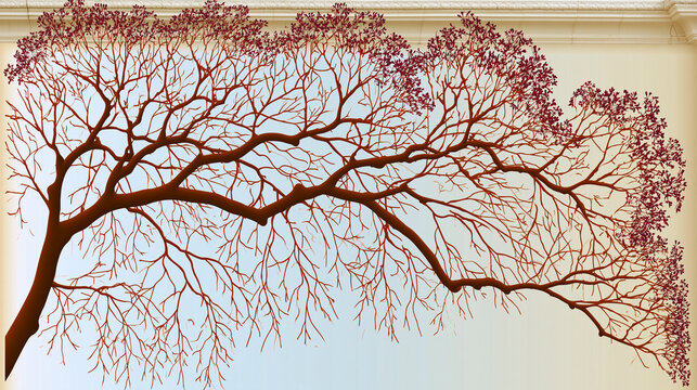 Detailed tree branch silhouette with red leaves against a light background, tree trunk