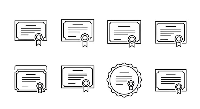 Set of eight diploma certificate icons in black line art style