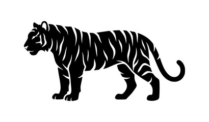 Obraz premium Side View Vector Illustration with Black Stripes, Orange and White Fur, Wildlife Silhouette for Jungle, Safari, and Animal Stock Design