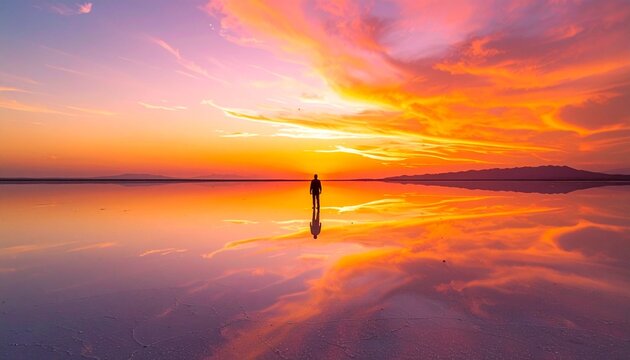 オレンジとピンクに染まる空を鏡のように映す塩湖に一人たたずむシルエットの幻想的な夕景