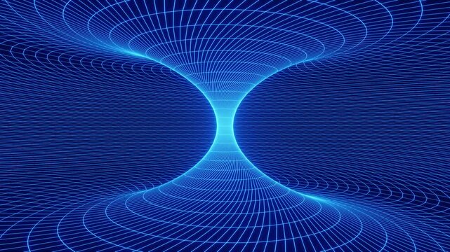Blue Neon Wireframe Torus Tunnel Abstract Sci-Fi Technology. Seamless Loop. 4K