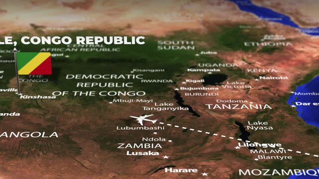 Flight From Antananarivo MADAGASCAR to Brazzaville CONGO REPUBLIC with flag pins