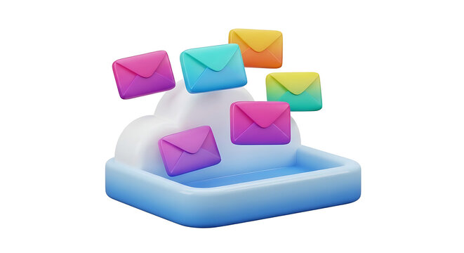 3D Rendered Cloud Storage Concept Featuring Multiple Colorful Digital Email Icons Floating Above