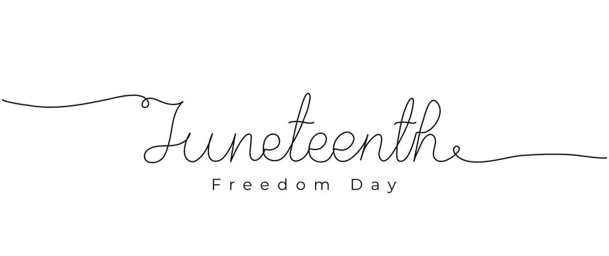 Juneteenth one line lettering. Handwritten greeting text for Freedom day. Typography logo design for card, poster, banner. Vector illustration isolated on white background.