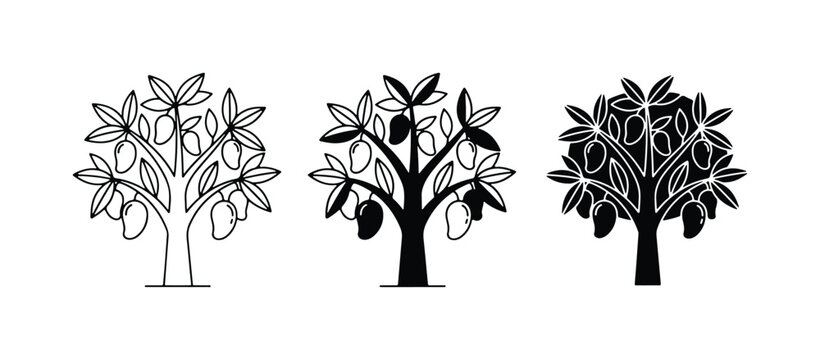 Mango Tree Icons, Fruit Bearing Plants Vector Set, Tropical Harvest Graphics, Organic Food Illustrations