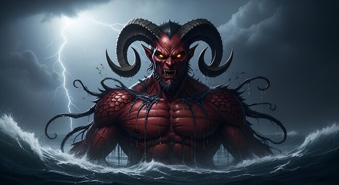 Fearsome Demon Emerging From Stormy Ocean Waves, Lightning Strike Background