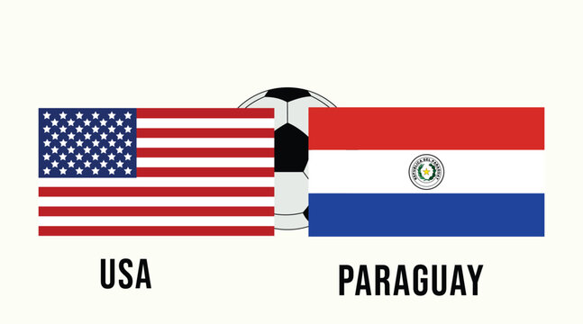 International soccer match poster between USA and Paraguay national teams with flags and ball on white background.