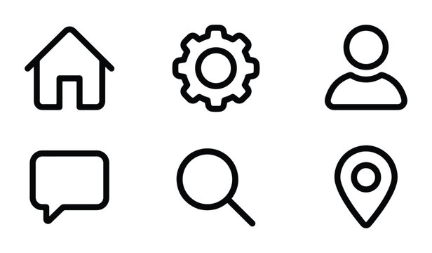 Minimalist Line Icons Set: Home, Settings, User, Chat, Search, Location, Vector Graphics for Web and App UI Design