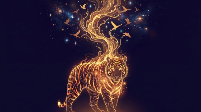 Ancient tiger spirit dissolving into liquid gold stream and soaring birds