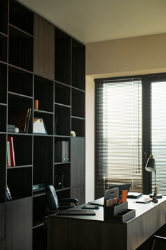 Vertical shot of empty office desk standing in legal workspace, suggesting divorce attorney consultation, separation paperwork, mediation service, vertical