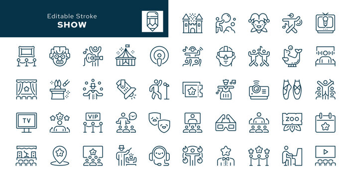 Show outline icons set. Entertainment, leisure, performance. Concert, cinema, circus, exhibition, theater, philharmonic and opera. Line icon in linear style. Vector collection	
