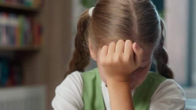Portrait tired bad feeling Caucasian little girl child kid rubbing eyes pain discomfort feeling headache with studying learning in school suffering pupil learn study hard test suffer education fail
