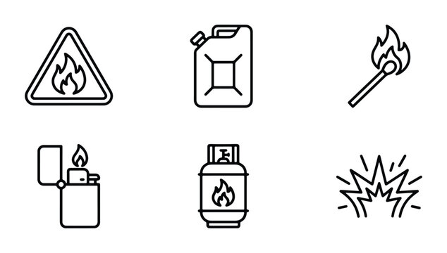 Flammable Icons Set: Danger Warning, Gas Canister, Match, Lighter, Propane Tank, Explosion Symbol. Vector Graphics for Safety and Hazard Information.