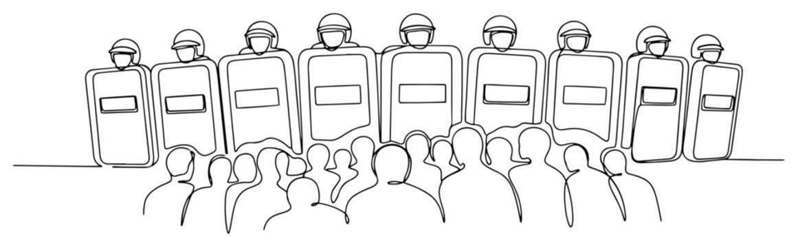 Riot police with shields facing crowd of protesters in continuous line art style