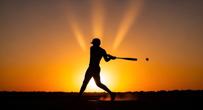 Baseball player silhouette swinging bat at sunset, dramatic sun rays