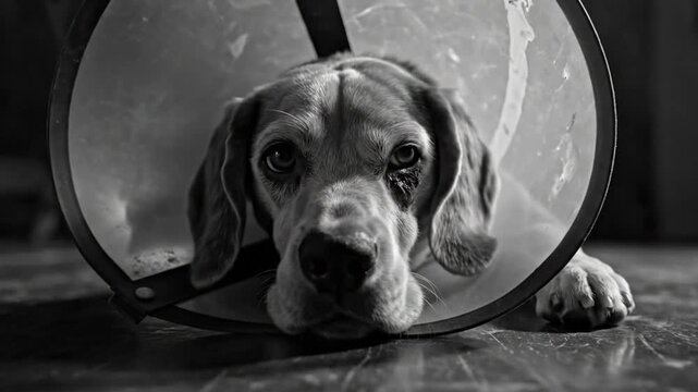 Black and white close up of a beagle wearing an Elizabethan collar, looking sad on the floor.