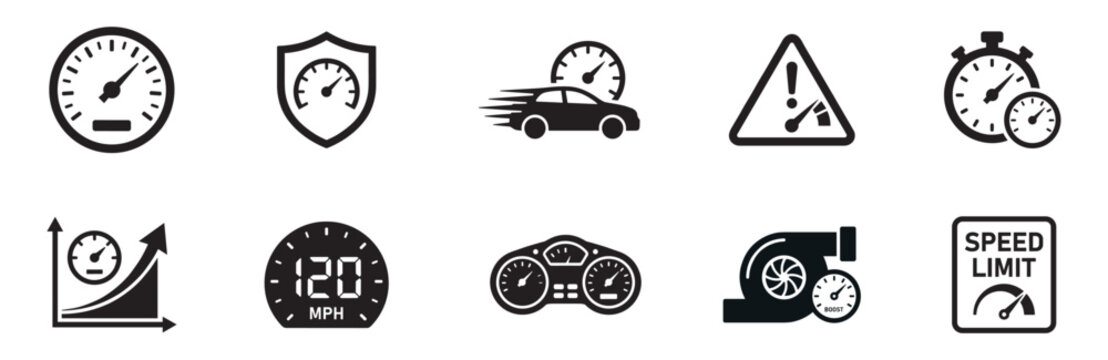 Car Speedometer and Dashboard Indicator Icon Set. Speed Limit, Turbo, Acceleration, Tachometer. Vector Illustration.