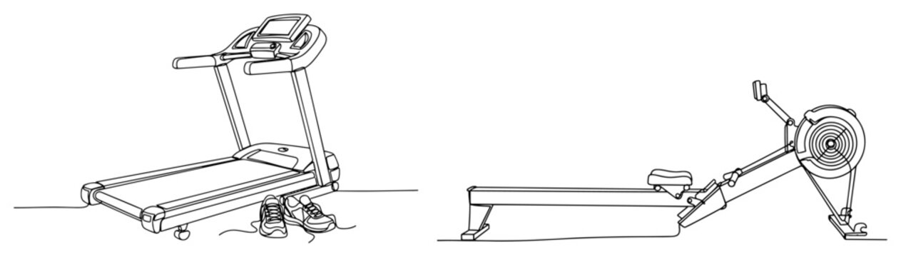 Cardio exercise machines with treadmill and rowing machine in minimalist continuous line art style
