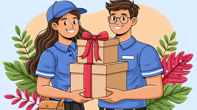Happy delivery team holding stacked gift boxes with red ribbon, courier service