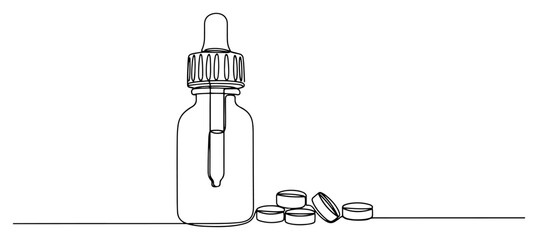 Fototapeta premium Dropper bottle for essential oils or medicine with loose pills in continuous line art style