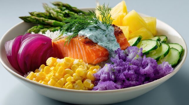 A vibrant and colorful bowl of rice, vegetables like asparagus or broccoli, fresh fish such as salmon fillet with dill sauce, pickled red onion slices, cucumber and pineapple, coconut milk-creamed cor
