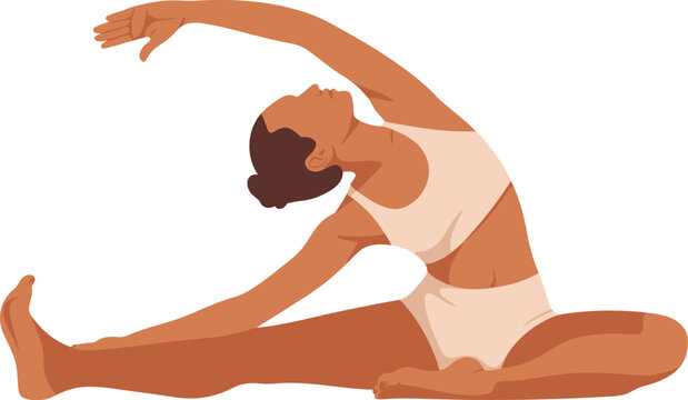 Illustrated woman in seated side bend yoga stretch pose demonstrating flexibility and relaxed exercise with physical activity white background full length cool down physical wellbeing exercise