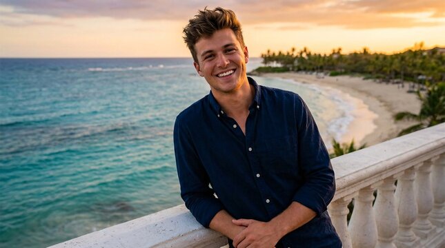 Cheerful young man leaning casually on a white balcony railing overlooking a stunning tropical beach, wearing a deep navy blue shirt outside.