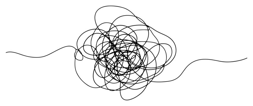 Tangled messy scribble in the center of a continuous line art style