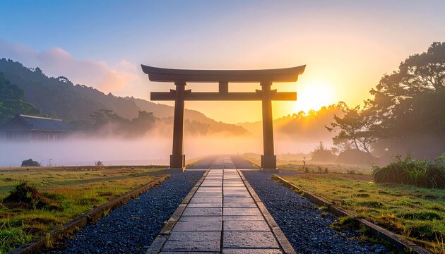 朝霧の中に浮かび上がる神秘的な早朝の光を受けた日本の伝統的な木製の鳥居と参道