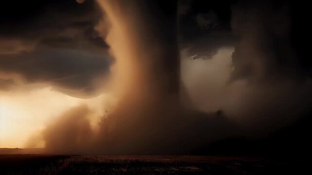 Tornado, twister, weather, natural disaster. A dramatic depiction of a tornado captured during a storm. The main subject is a large, swirling cloud formation, illuminated by the setting sun.