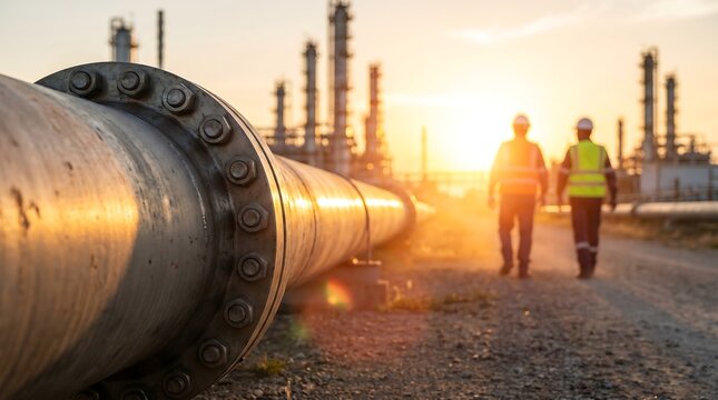Oil and gas refinery pipeline close up with industrial workers walking in background during sunset for energy infrastructure and petroleum industry safety and maintenance concept