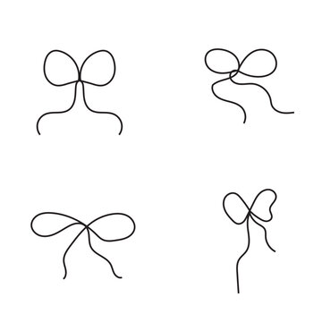 Minimal Bow Ribbon Line Icon Collection. Set of elegant hand drawn bow and ribbon line icons for gift wrapping, decoration, branding, wedding, and festive design projects.