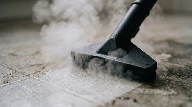 Close-up of a steam cleaner nozzle cleaning dirty tiled floor with hot vapor clouds, professional deep cleaning service, domestic chores and sanitation concept