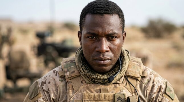African American marine sergeant standing in desert with serious expression. U.S. soldier in camouflage uniform and headset amid arid