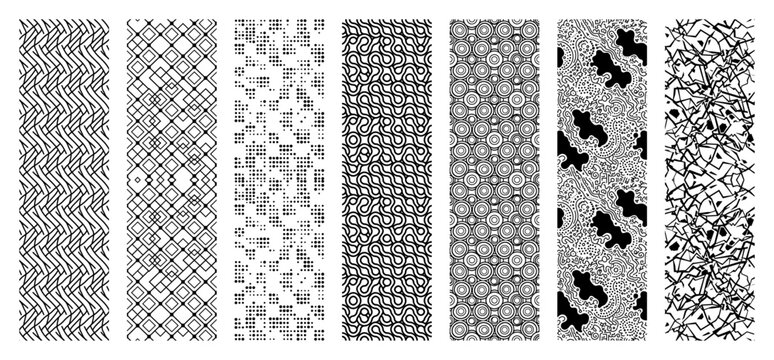 Collection of seven diverse geometric and organic pattern swatches in minimalist style