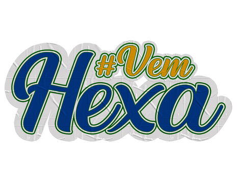 Vem Hexa. Copa do Mundo 2026. Sele&ccedil;&atilde;o brasileira hexacampe&atilde;o. Ilustra&ccedil;&atilde;o estilo adesivo.