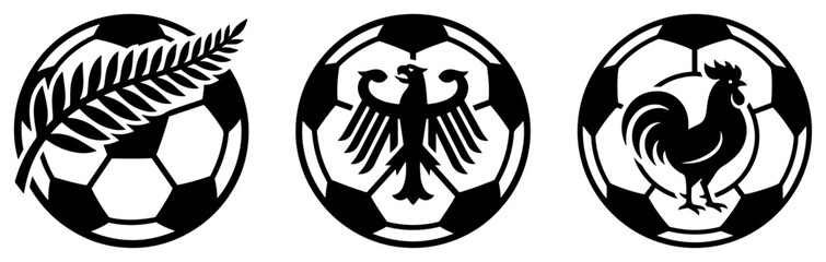 Soccer ball national team emblems with eagle rooster and fern in flat graphic style © Katarzyna