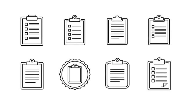 Set of minimalist line art clipboard icons for business task management