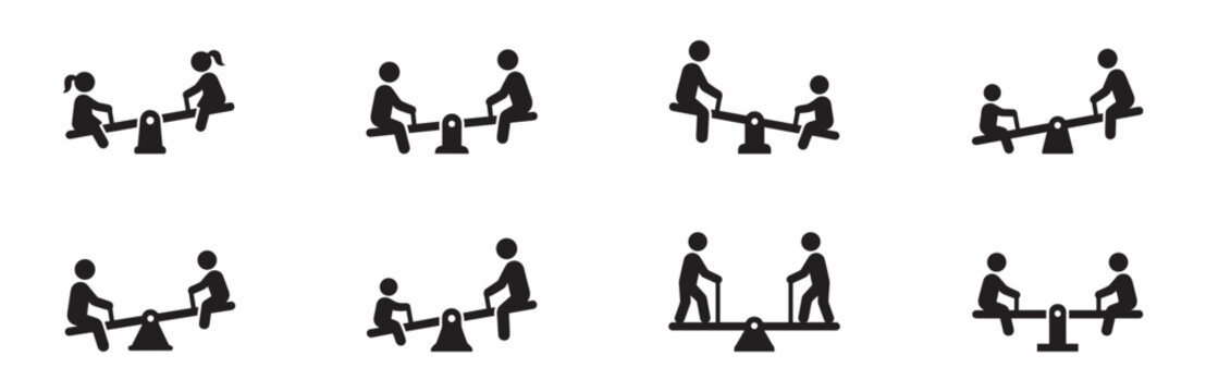Seesaw and Playground Icon Set. Children Teeter Totter, Balance, Leisure, Park, and People Silhouettes Symbols. Vector Illustration.