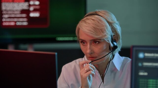 Chest up shot of middle-aged Caucasian female cybersecurity operator wearing headset reporting system breach while monitoring threat alerts and security data on computer screens in control room