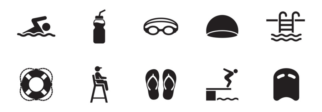 Swimming Pool and Water Sports Icon Set. Swimmer, Goggles, Lifebuoy, Lifeguard, Diving Board, and Equipment Symbols. Vector Illustration.