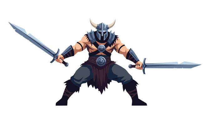 Powerful viking warrior character wearing a horned helmet and furs dual-wielding swords in a dynamic battle stance.