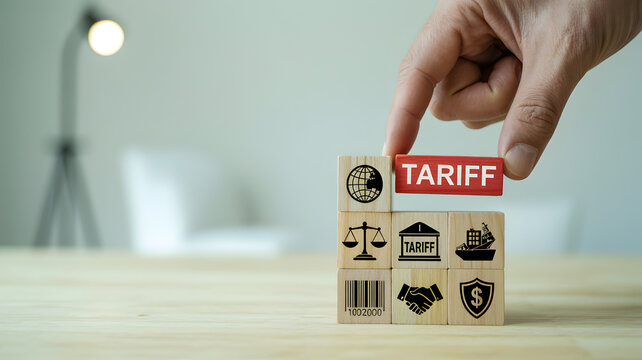 Hand placing 'Tariff' block onto wooden cubes with global trade icons during concept development