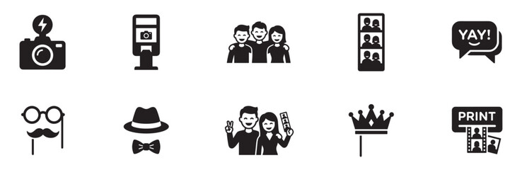 Photo Booth, Party Props, and Fun Picture Icon Set. Camera, Booth, Group, Strip, Mask, Yay, Glasses, Mustache, Hat, Bowtie, Crown, Print. Vector Illustration. © Roberto_Caravelli